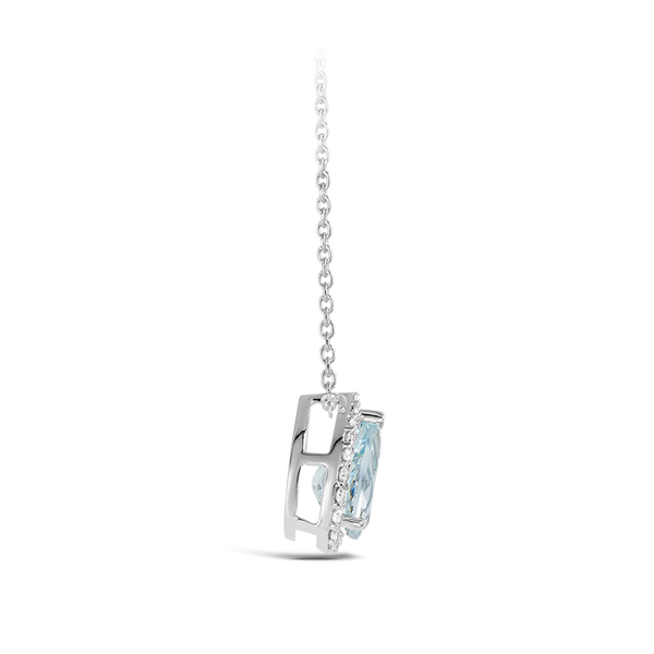 Pear Shaped Halo Aquamarine and Diamond Pendant in 18ct White Gold Hardy Brothers Jewellers