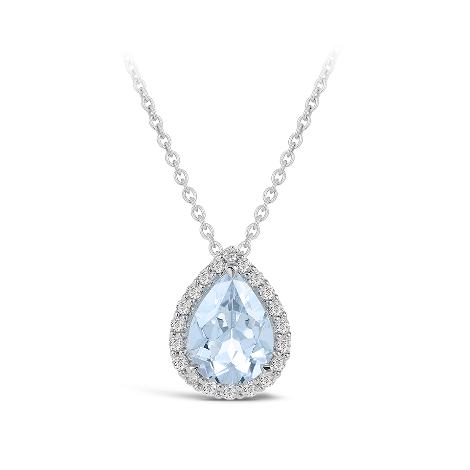 Pear Shaped Halo Aquamarine and Diamond Pendant in 18ct White Gold Hardy Brothers Jewellers