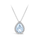 Pear Shaped Halo Aquamarine and Diamond Pendant in 18ct White Gold Hardy Brothers Jewellers