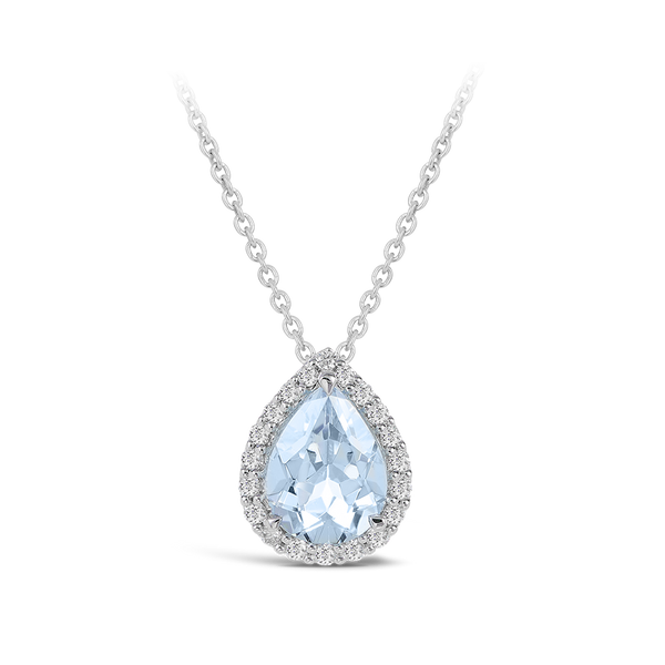 Pear Shaped Halo Aquamarine and Diamond Pendant in 18ct White Gold Hardy Brothers Jewellers