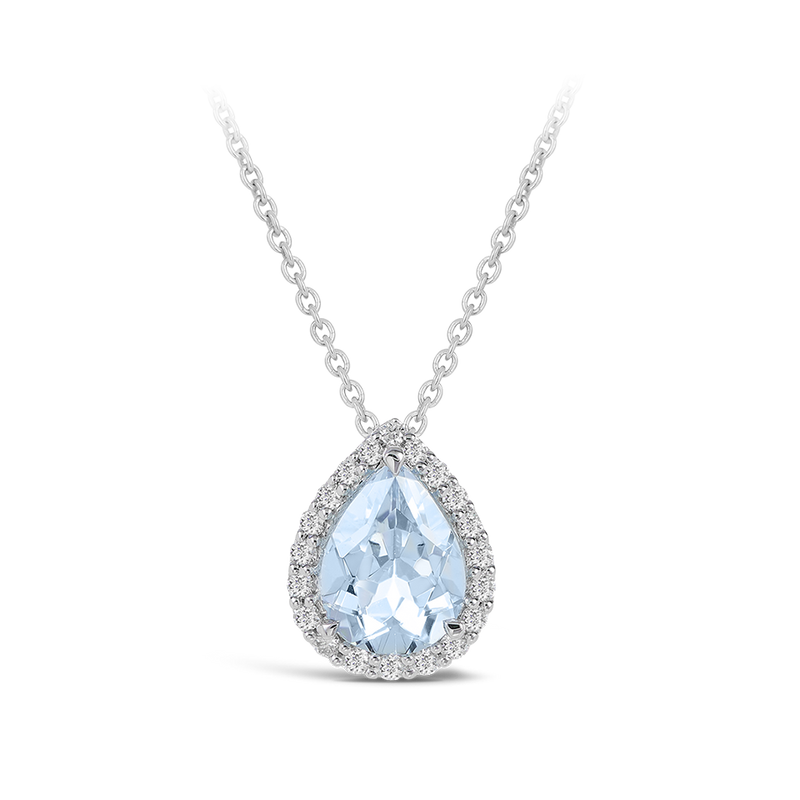 White Gold Aquamarine and Diamond Halo Pendant Hardy Brothers