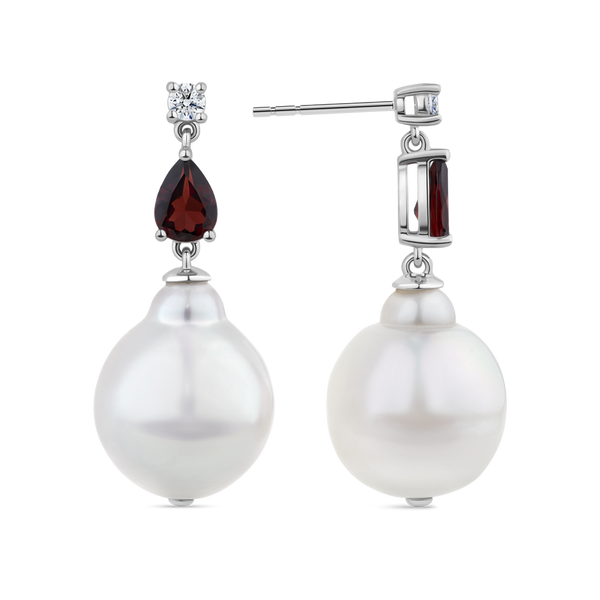 Round Brilliant Cut Diamondand Pear Cut Garnet and South Sea Pearl Drop Earrings in 18ct White Gold Hardy Brothers Jewellers