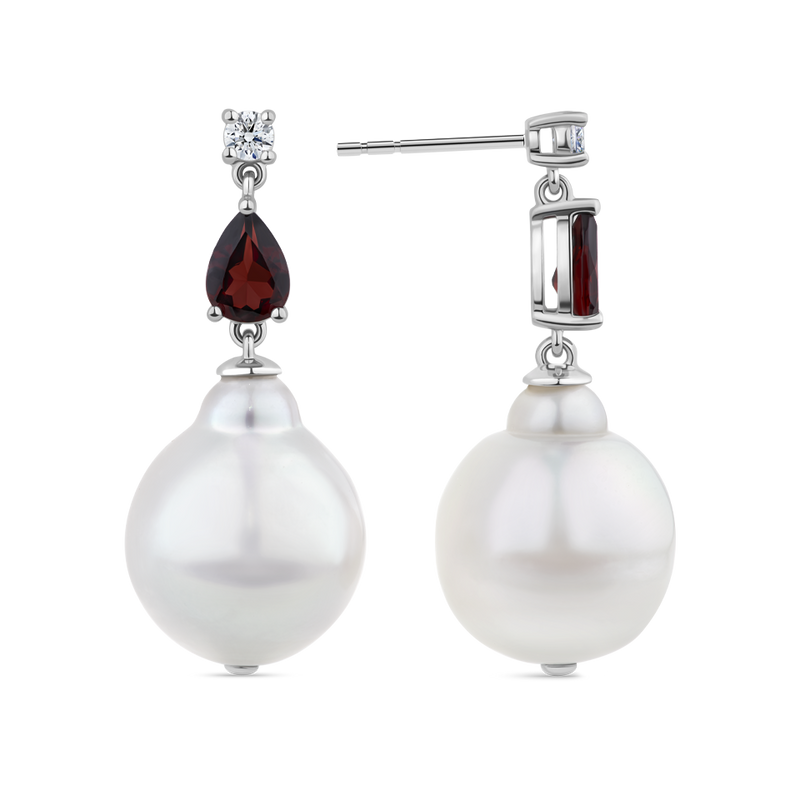 Round Brilliant Cut Diamondand Pear Cut Garnet and South Sea Pearl Drop Earrings in 18ct White Gold Hardy Brothers Jewellers