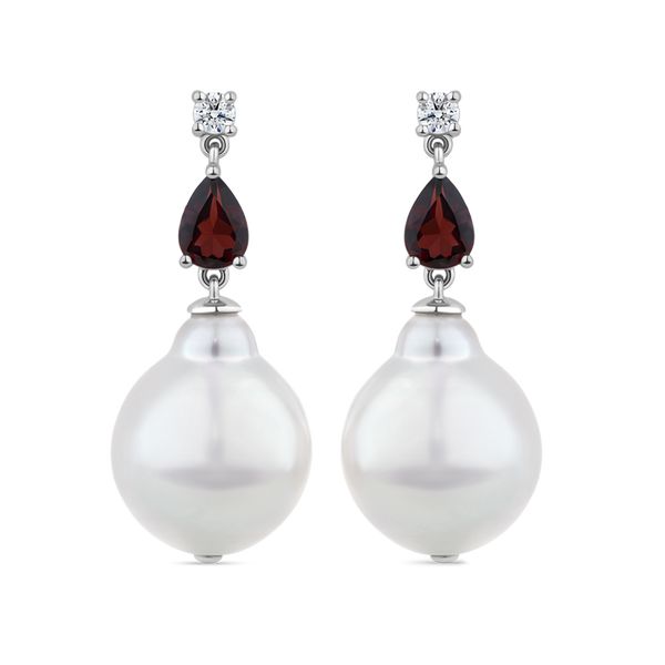 Round Brilliant Cut Diamondand Pear Cut Garnet and South Sea Pearl Drop Earrings in 18ct White Gold Hardy Brothers Jewellers