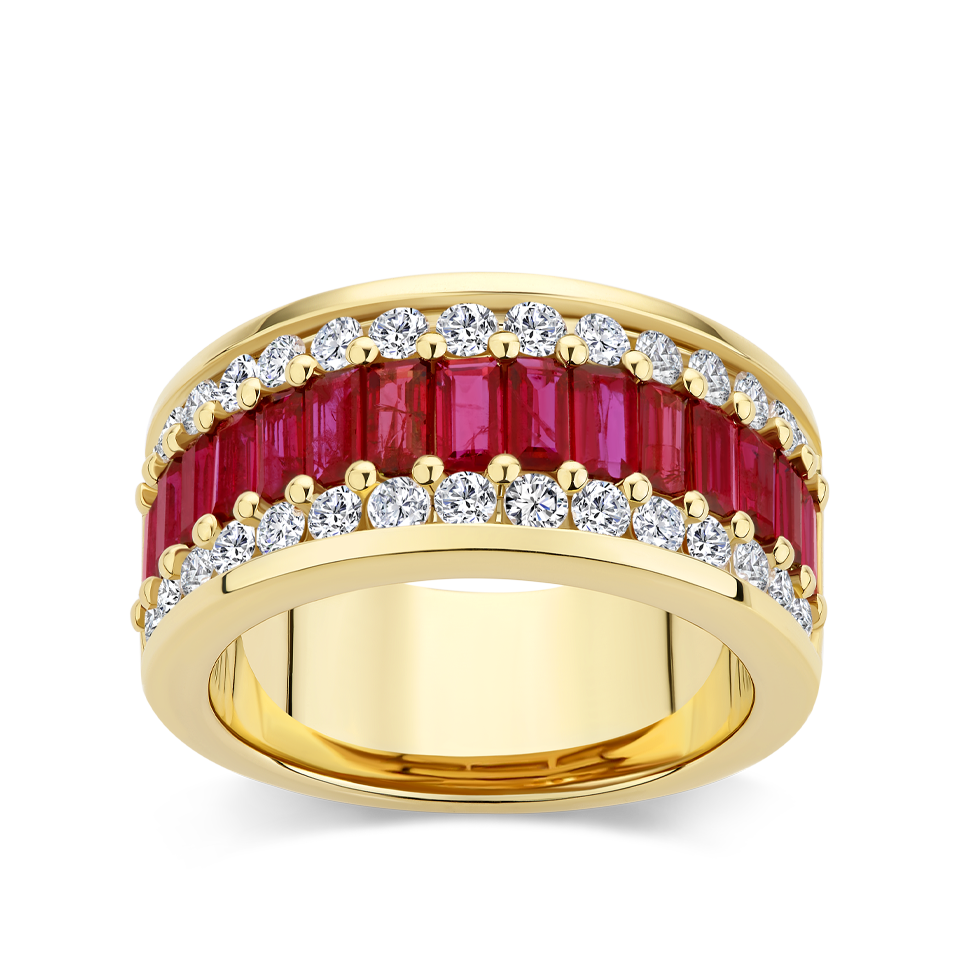 Baguette Statement Ruby and Diamond Ring in 18ct Yellow Gold Hardy Brothers Jewellers