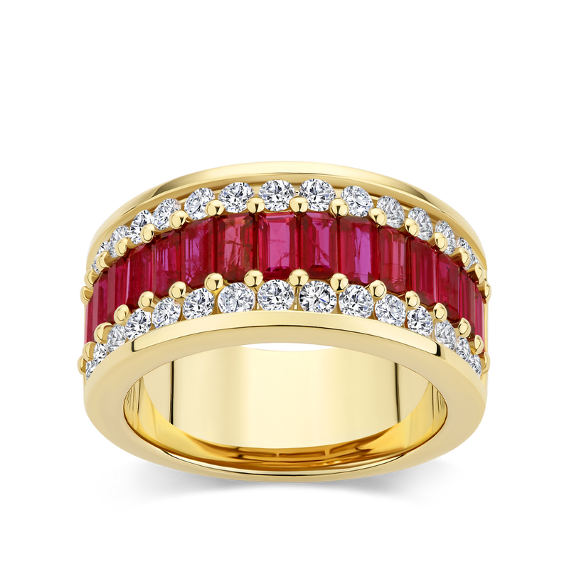 Baguette Statement Ruby and Diamond Ring in 18ct Yellow Gold Hardy Brothers Jewellers