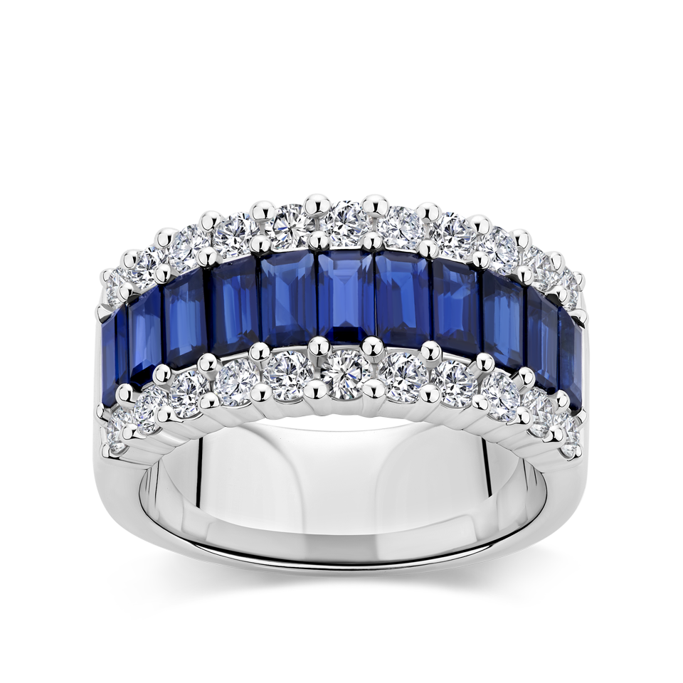Baguette Statement Sapphire and Diamond Ring in 18ct White Gold Hardy Brothers Jewellers