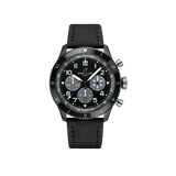 Breitling Super AVI B04 Chronograph GMT 46mm Watch SB04451A1B1X1 displays its black dial with large, legible Arabic numerals and a white-tipped GMT hand for second timezone tracking. The all-black ceramic case is inspired by the de Havilland Mosquito Night Fighter's stealth livery.Jewellers