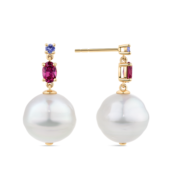 Round Cut Tanzanite and Rhodalite Garnet and South Sea Pearl Drop Earrings in 18ct White Gold Hardy Brothers Jewellers
