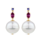 Round Cut Tanzanite and Rhodalite Garnet and South Sea Pearl Drop Earrings in 18ct White Gold Hardy Brothers Jewellers