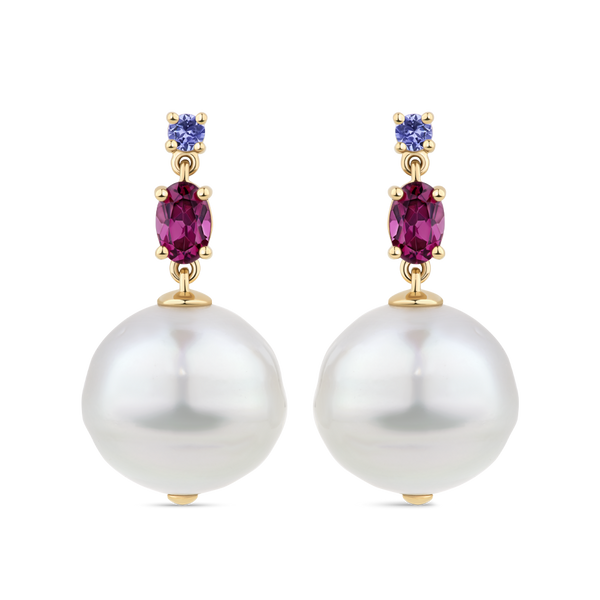 Round Cut Tanzanite and Rhodalite Garnet and South Sea Pearl Drop Earrings in 18ct White Gold Hardy Brothers Jewellers