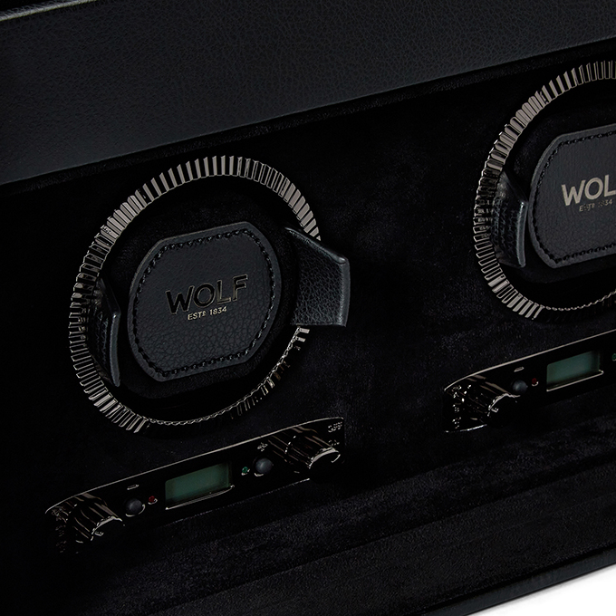 Wolf 1834 British Racing Double Watch Winder with Storage Black Leather Hardy Brothers Jewellers