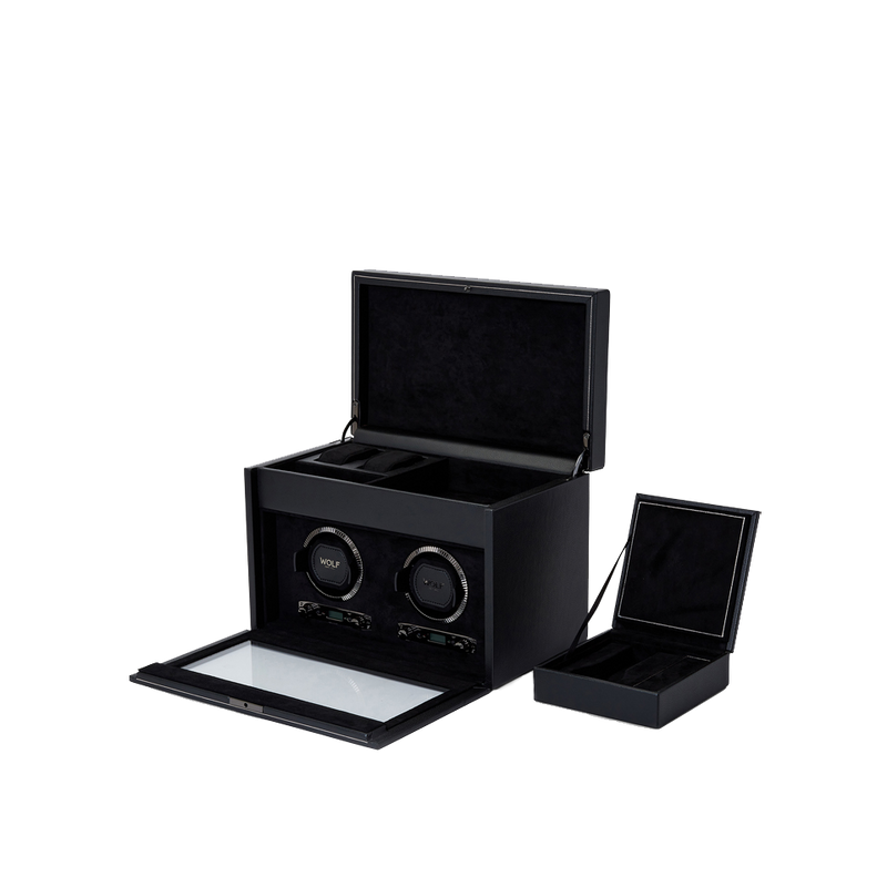 Wolf 1834 British Racing Double Watch Winder with Storage Black Leather Hardy Brothers Jewellers
