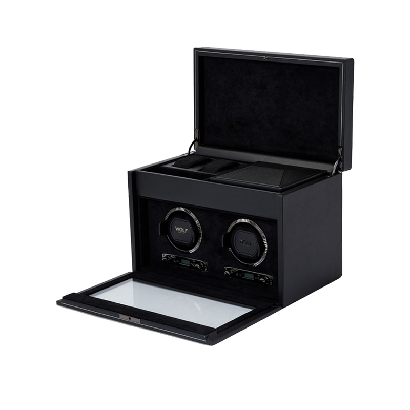 Wolf 1834 British Racing Double Watch Winder with Storage Black Leather Hardy Brothers Jewellers